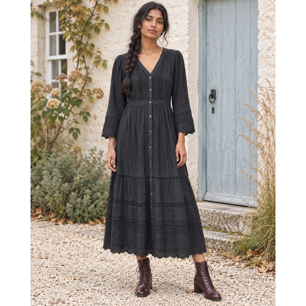 GAP Womens Dress Small Black Textured Crinkle Lace Midi Long Sleeve Cottagecore